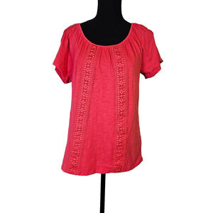 St. John's Bay Women's Short Sleeve Round Neck Top Size S Lace Coral Summer